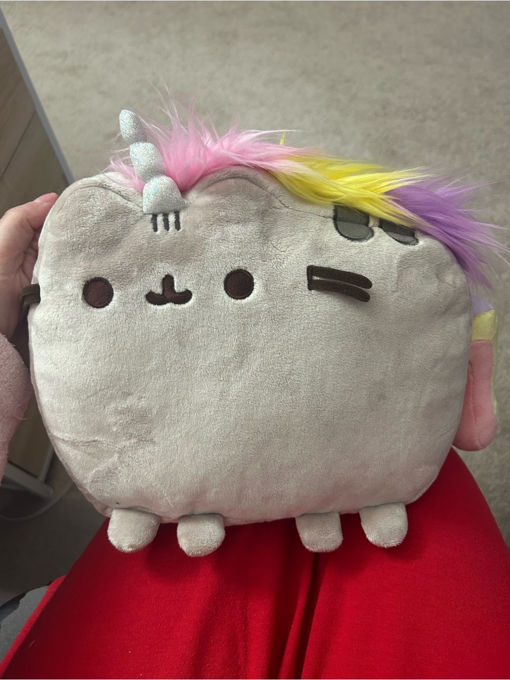 Pusheen Unicorn Plush Pillow - Gray with Pink Yellow Purple Mane
